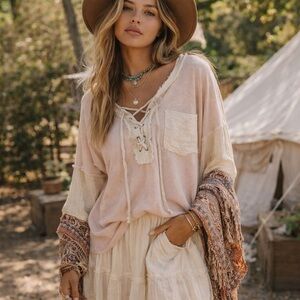 POL Boho Cream/blush Lace-Up Waffle Knit Top Size Oversized Relaxed Small